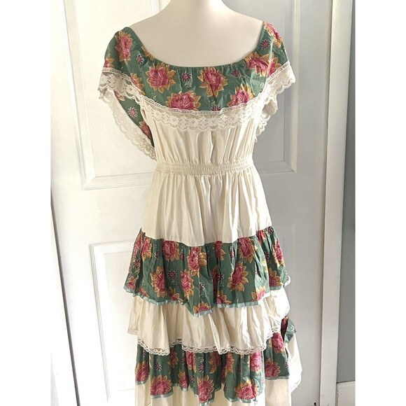 Vintage Young Edwardian by Arpeja Ivory Floral Lace Detail Ruffled Maxi Dress M - Picture 3 of 6